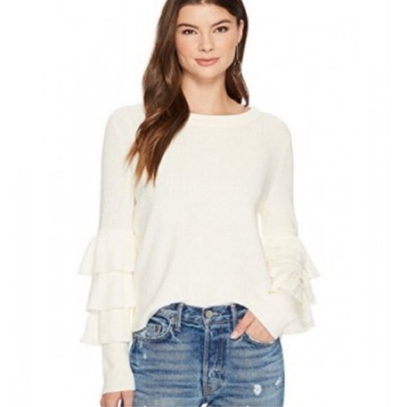 1. State Nomad Cream/Ivory Ruffle Sleeve Cropped Sweater Size Medium - Picture 1 of 8